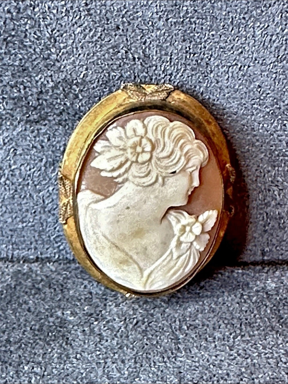AMCO Vintage Carved Shell Cameo Brooch Pendant Gold & Pink